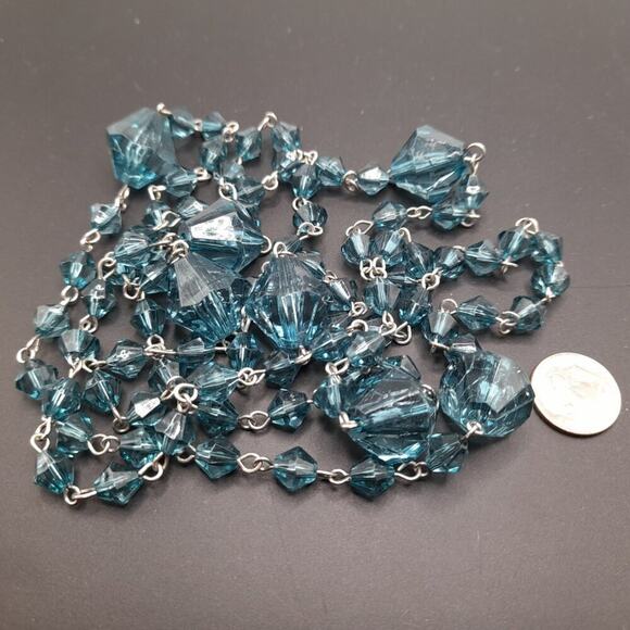 Vintage Blue Bicone Acrylic Bead Necklace, Wire Wrapped, No Clasp, 48 Inches - Picture 8 of 12